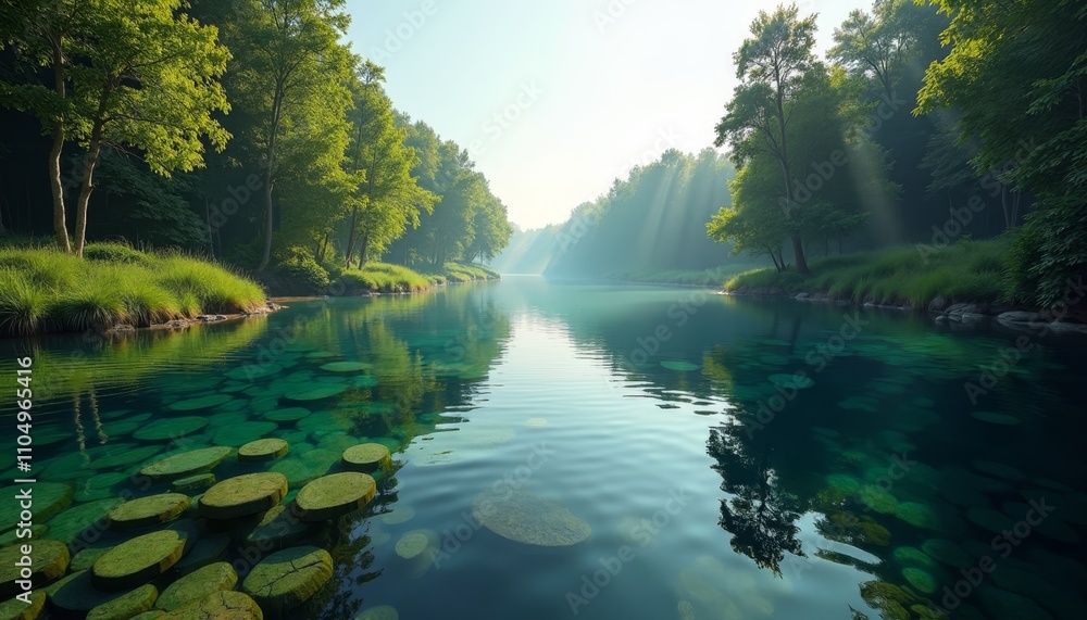 Poster clear river with visible stones through trees