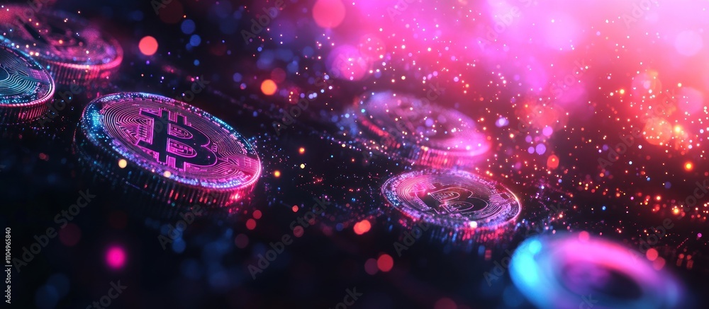 Poster abstract bitcoin crypto currency concept with glowing light effects and bokeh.