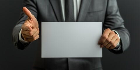 Naklejka premium Businessman holding blank white paper and shows thumb up sign