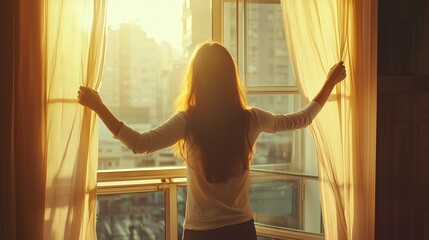 Woman opening window curtains at home in the morning. Starting new day. Morning sunlight and fresh air.