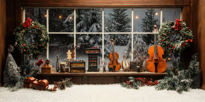Creating a festive atmosphere with a holiday music shop display of tiny instruments and wreaths in a clay diorama