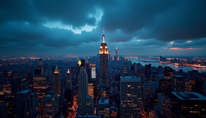 Obraz premium Nighttime cityscape with iconic skyscrapers illuminated against a dramatic cloudy sky
