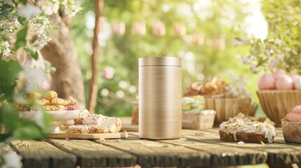 Naklejka premium Rustic Tumbler Mockup on Picnic Table with Homemade Treats - Outdoor Gatherings and Celebrations Concept