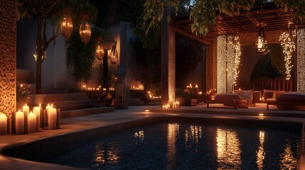 An elegant evening party scene with warm candlelight, illuminating a uniquely designed area with a serene, stylish ambiance.