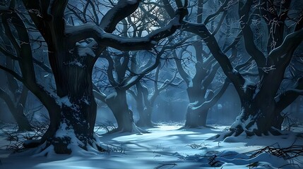 Naklejka premium Snow Covered Trees in a Winter Night Forest