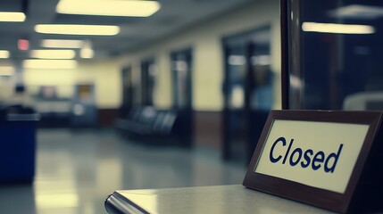 Fototapeta premium Closed airport counter with empty chairs and a sign indicating no flights available. A symbol of travel disruption and unexpected changes in plans.