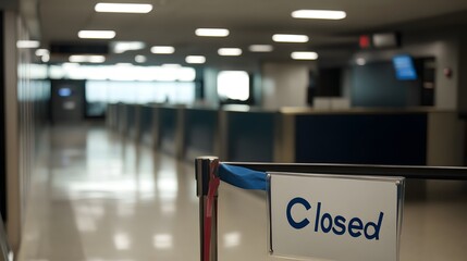 Fototapeta premium Closed airport counter with empty chairs and a sign indicating no flights available. A symbol of travel disruption and unexpected changes in plans.