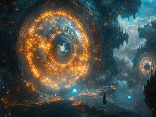 Eye-level cosmic clock, planetary gear glow, steampunk aesthetic, fantasy-infused, metallic palette, high-detail craftsmanship, time and awakening theme, visually immersive scene