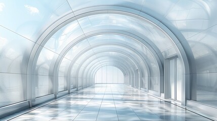 A monochrome digital sketch of a sleek hallway with glass walls and sharp lines reflects modern design and a sense of openness.
