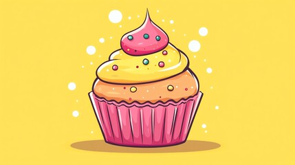A cartoon cupcake with pink frosting and a cherry on top.