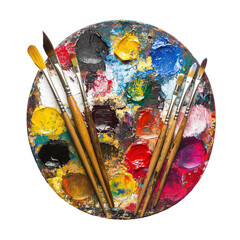 Obraz premium Artistic palette with vibrant paints and brushes ready for creative expression in a studio setting, Artistic Palette with Paintbrushes and Paints, transparent background.