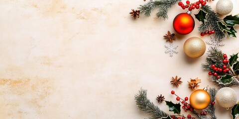 Festive Christmas Background with Gold and Red Ornaments, Holly Leaves, Pinecones, and Snowflakes on Textured Beige Surface – Holiday Design Template, Banner