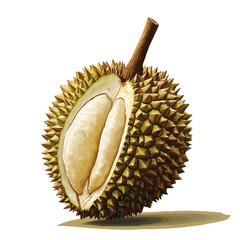 Fresh ripe durian fruit displayed on a neutral background highlighting its unique exterior and creamy interior, A fresh ripe durian fruit, tropical stinky fruit