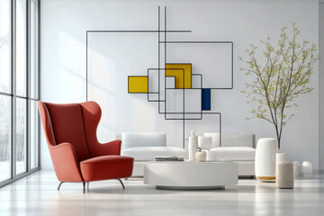 Fototapeta premium living room Red wingback chair and white sofa in bright room