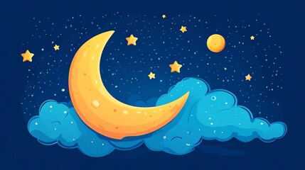 Fototapeta premium A cartoon illustration of a night sky with a crescent moon and stars.