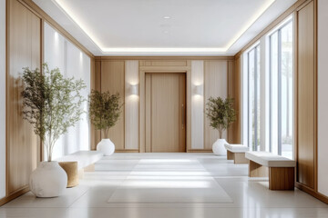 Obraz premium entrance hall with door and wooden paneling walls Elegant interior design of modern