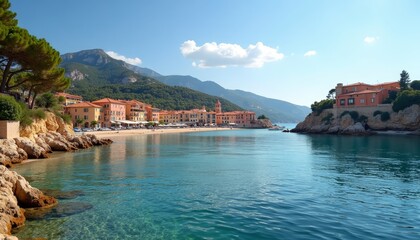 Fototapeta premium River flowing through scenic village under blue sky