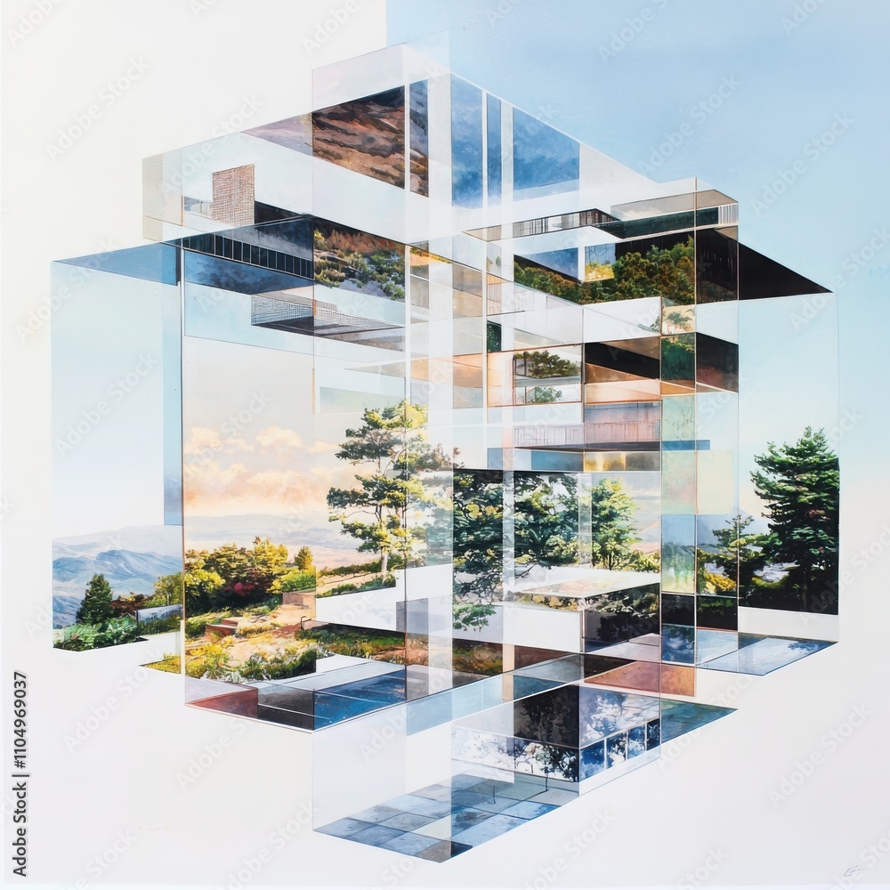 Poster transforming memories into physical structures a fragmented landscape of transparent layers and nost