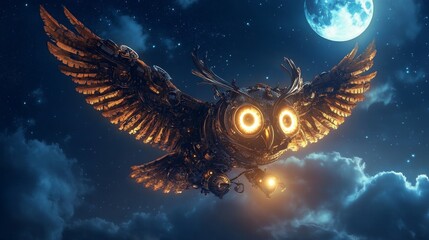 Steampunk Owl Soaring Through the Night Sky