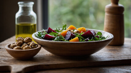Rustic Winter Salad with Seasonal Vegetables" A vibrant winter salad is arranged in a handmade ceramic bowl with a speckled glaze. The salad features roasted beets, arugula, slices of orange, crumbled