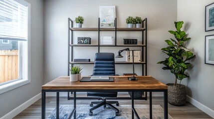 A modern home office with a large desk, two chairs, and built-in bookshelves.