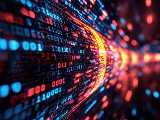 Obraz premium A vibrant digital tunnel of binary code, showcasing a blend of red and blue lights, symbolizing data flow and technological advancement.
