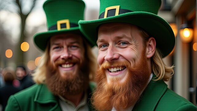Two smiling men in green leprechaun costumes with hats, celebrating St. Patrick's Day.