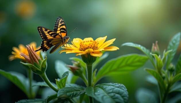 Butterfly perched on yellow flower or Close-up of a butterfly in nature - Powered by Adobe