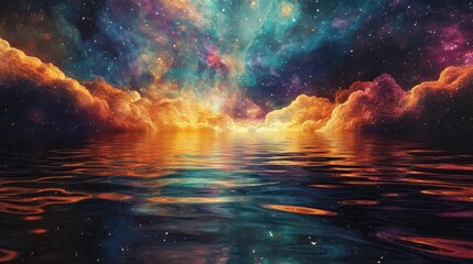 Mercury river flows, cosmic dreamscape reflects stars and galaxies, watercolor, vibrant psychedelic palette, tranquil cosmic vastness