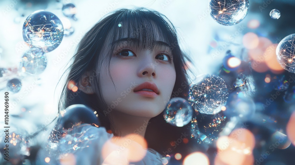 Poster exploring a multihued environment with spheres and an asian girl captured in an ethereal setting dre