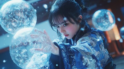 Asian girl interacting with multihued spheres in a dreamy environment digital art whimsical atmosphere fantasy theme