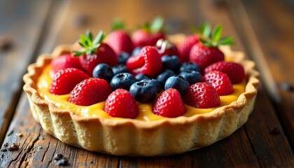 Strawberry blueberry tart on wooden table