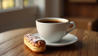 A white coffee cup on a saucer, accompanied by a cookie dusted with sugar, placed on a wooden table