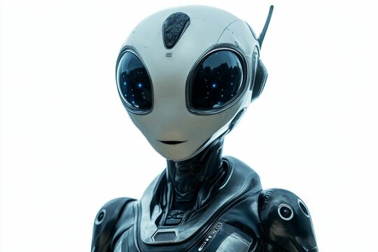 Gray robotic being, large eyes, futuristic attire.