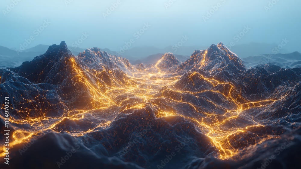 Poster transforming neural network landscape into organic terrain glowing data pathways in a technological 