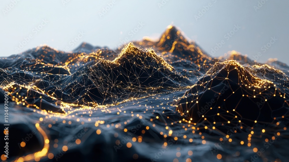 Poster transforming neural network landscape into organic terrain glowing data pathways in a soft technolog