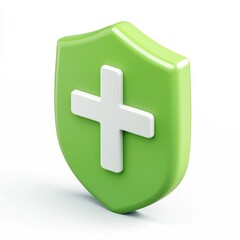 Obraz premium Bright Green 3D Shield with White Cross Symbol in Toy-Like Cartoon Style on Minimalist White Background