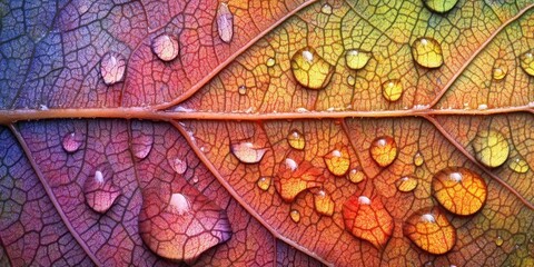 Obraz premium Small droplets of water Veined leaf A detailed macro 