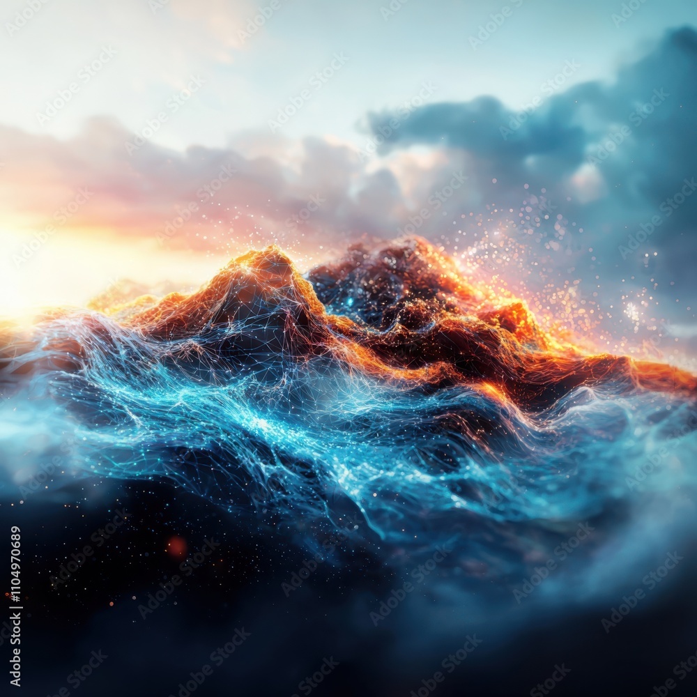 Poster exploring subatomic interactions particle physics landscape scientific visualization translucent ene