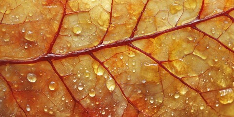 Obraz premium Tiny droplets suspended Cherry tree leaf A detailed m