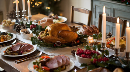 Table set for a Christmas feast, glowing candles and traditional foods