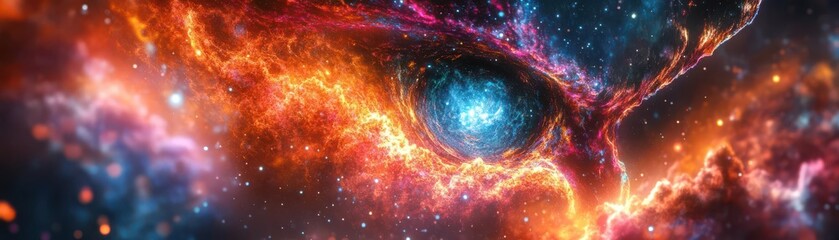 Obraz premium Surreal cosmic entity, holographic patterns shifting, galaxy backdrop of vivid hues, neon 3D brilliance, worms-eye perspective, evokes spiritual awakening, digital art