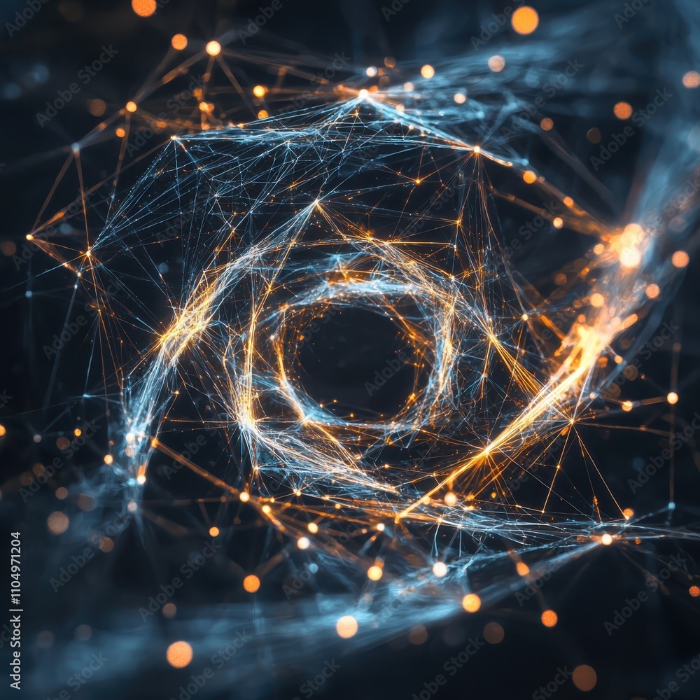 Poster exploring quantum entanglement visualization of interconnected light threads and complex mathematica