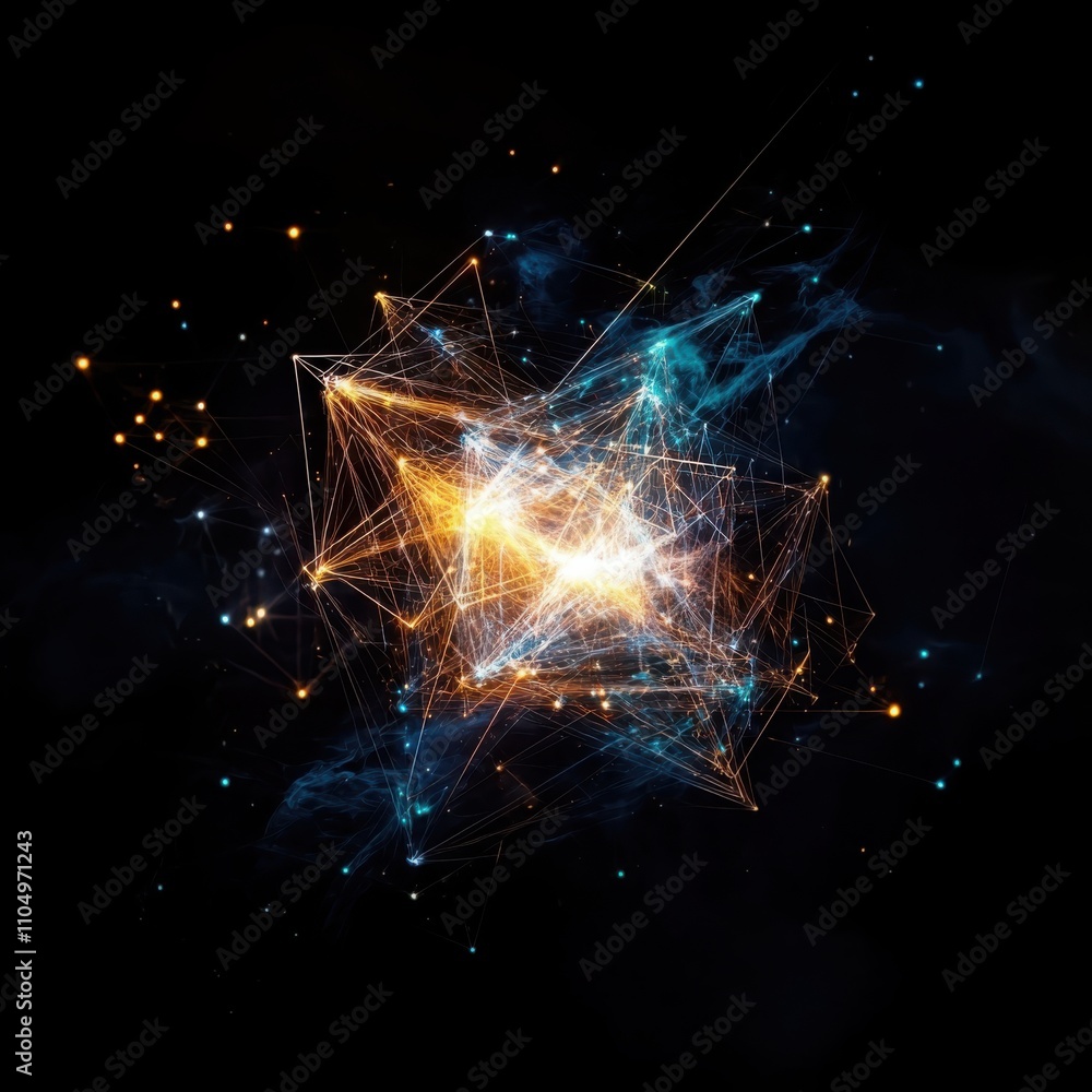 Poster abstract geometric space visualizing quantum entanglement with light threads and patterns