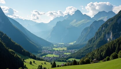 Fototapeta premium A mountainous landscape with valleys of green pastures and scattered houses, under a partly cloudy sky