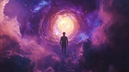 Fototapeta premium Worms-eye view of a cosmic being, surreal and holographic, floating amidst vibrant galaxy colors, neon 3D design, symbolizes spiritual enlightenment, digital art mastery