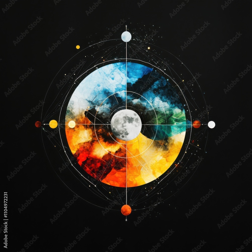 Aufkleber visualizing stellar evolution the journey of stars through geometric transformations in cosmic color