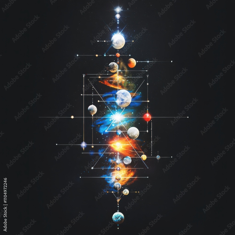 Poster visualizing stellar evolution the lifecycle of stars through geometric transformations and cosmic co