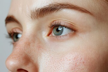 Obraz premium A close-up of a person's face highlighting natural skin texture, with focus on the eye and eyebrow, conveying a sense of beauty and authenticity.