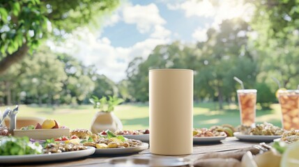 Fototapeta premium Serene Picnic Setting with Tumbler Mockup Surrounded by Delicious Food and Drinks | Scenic Park View Photo Concept